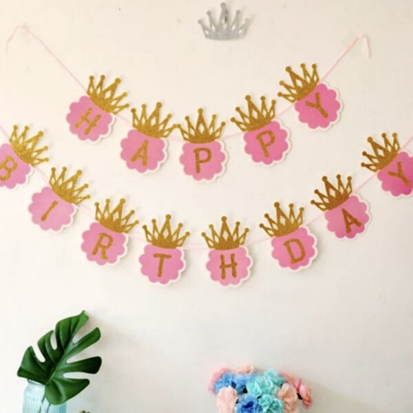 Dây chữ Happy Birthday vương miện hồng